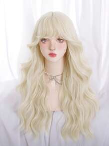 Long Curly Synthetic Wig With Bangs - Gold - View 6