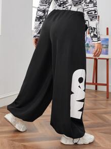 SHEIN EZwear 大碼字母圖案抽繩下擺降落傘褲 - 黑色 - 查看 2
