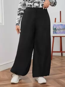 SHEIN EZwear 大碼字母圖案抽繩下擺降落傘褲 - 黑色 - 查看 3