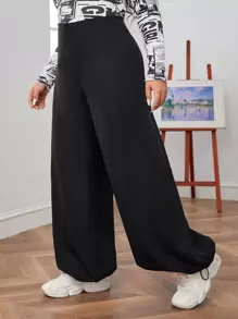 SHEIN EZwear 大碼字母圖案抽繩下擺降落傘褲 - 黑色 - 查看 4