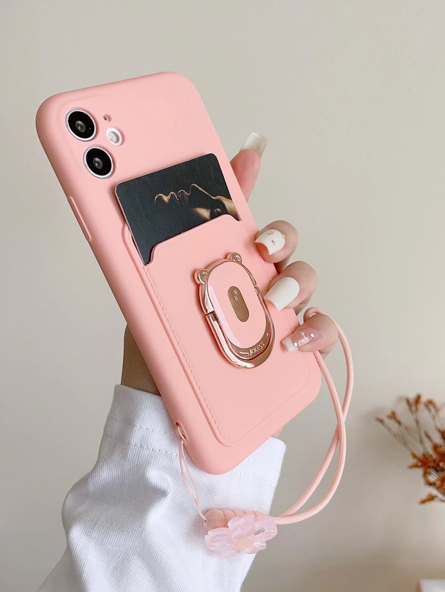 Pink Card Slot Bear Design U-shaped Stand+silicone Flower Decor Lanyard Fashionable New Mobile Phone Protective Case - Pink - View 1