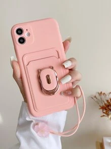 Pink Card Slot Bear Design U-shaped Stand+silicone Flower Decor Lanyard Fashionable New Mobile Phone Protective Case - Pink - View 2