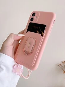 Pink Card Slot Bear Design U-shaped Stand+silicone Flower Decor Lanyard Fashionable New Mobile Phone Protective Case - Pink - View 4