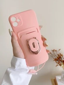 Pink Card Slot Bear Design U-shaped Stand+silicone Flower Decor Lanyard Fashionable New Mobile Phone Protective Case - Pink - View 7