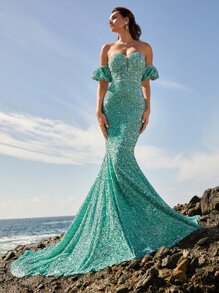 一字肩魚尾裙下擺亮片舞會連衣裙 - 薄荷藍 - 查看 7