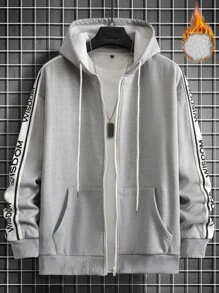 Manfinity Men Letter Graphic Zip Up Drawstring Hoodie Without Tee - Light Grey - View 1