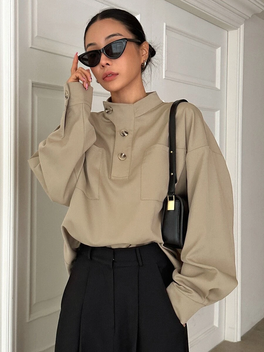 DAZY Half Button Drop Shoulder Blouse,Long Sleeve Tops,Fall Clothes - Khaki - View 1
