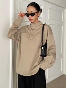 DAZY Half Button Drop Shoulder Blouse,Long Sleeve Tops,Fall Clothes - Khaki - View 5