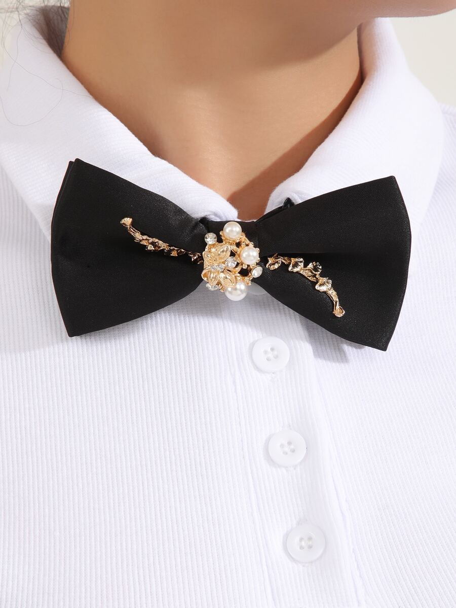 Faux Pearl Decor Bow Tie - Black - View 1