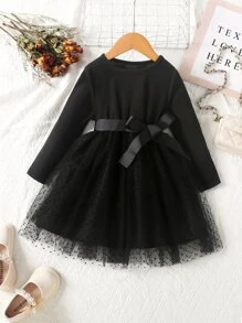 Toddler Girls Contrast Mesh Belted Dress - Black - View 1
