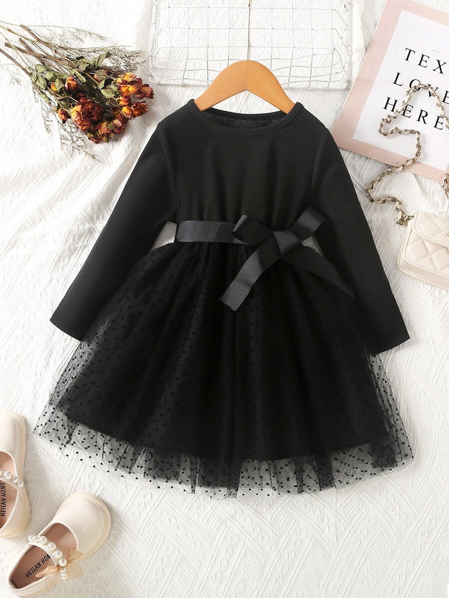 Toddler Girls Contrast Mesh Belted Dress - Black - View 1