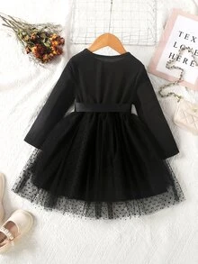 Toddler Girls Contrast Mesh Belted Dress - Black - View 2