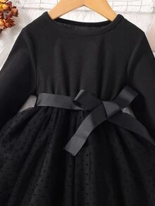 Toddler Girls Contrast Mesh Belted Dress - Black - View 4