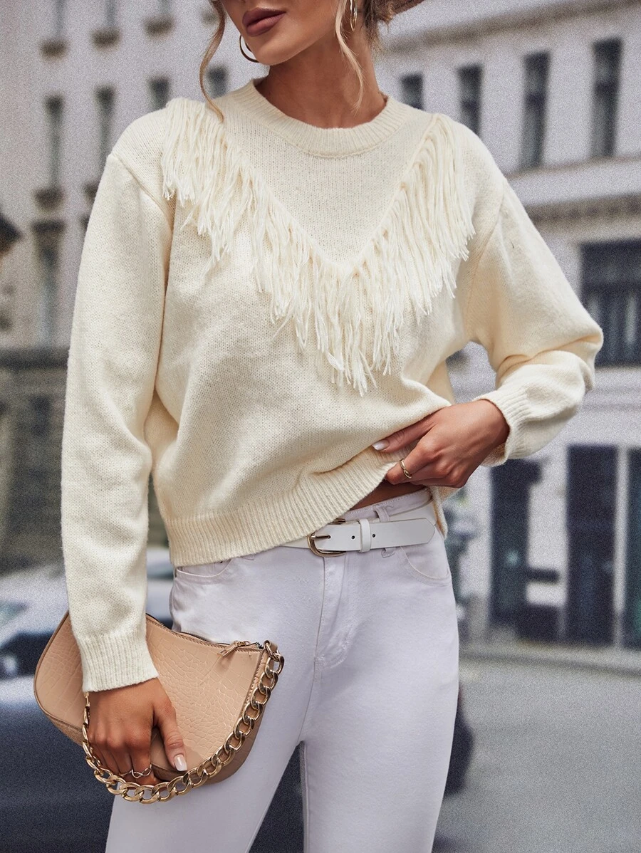 Fringe Trim Drop Shoulder Jumper - Beige - View 1
