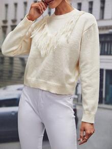 Fringe Trim Drop Shoulder Jumper - Beige - View 3