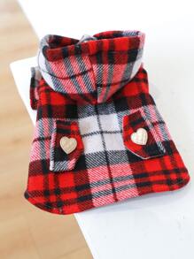 Plaid Pattern Heart Decor Hooded Pet Coat - Red - View 2