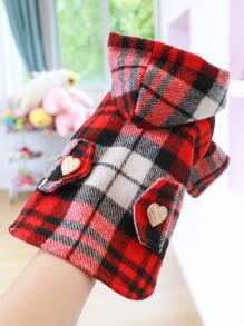 Plaid Pattern Heart Decor Hooded Pet Coat - Red - View 3