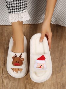 聖誕麋鹿和聖誕老人裝飾毛茸茸趣味拖鞋 - 米色 - 查看 1