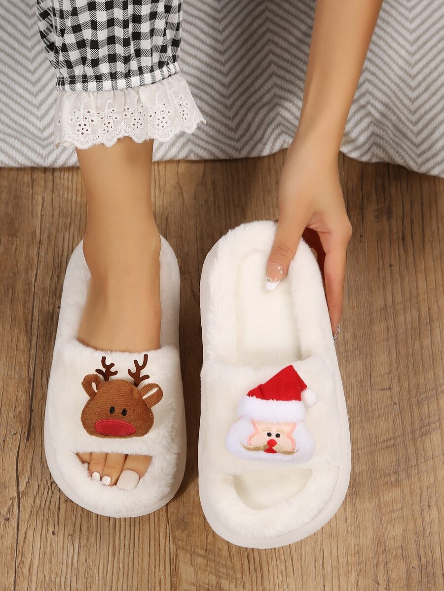 聖誕麋鹿和聖誕老人裝飾毛茸茸趣味拖鞋 - 米色 - 查看 1