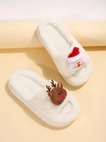 聖誕麋鹿和聖誕老人裝飾毛茸茸趣味拖鞋 - 米色 - 查看 3