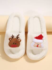聖誕麋鹿和聖誕老人裝飾毛茸茸趣味拖鞋 - 米色 - 查看 5