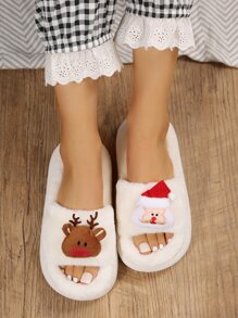 聖誕麋鹿和聖誕老人裝飾毛茸茸趣味拖鞋 - 米色 - 查看 7