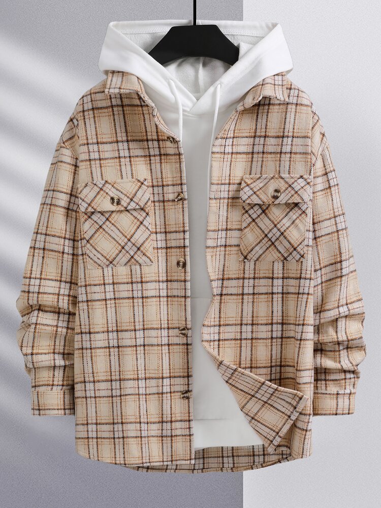 Manfinity Hypemode Men Plaid Print Pocket Patched Overcoat