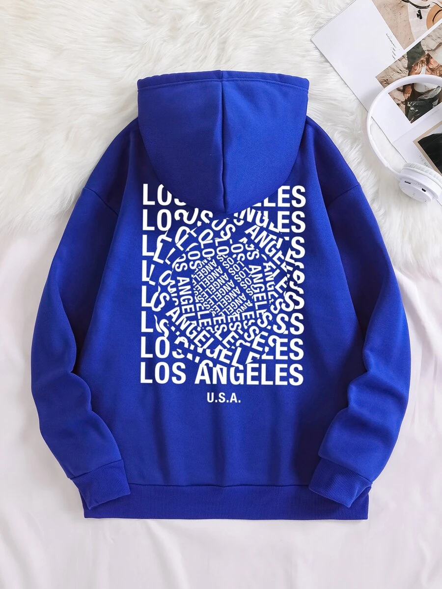 SHEIN EZwear Letter Graphic Kangaroo Pocket Drawstring Thermal Hoodie - Royal Blue - View 1