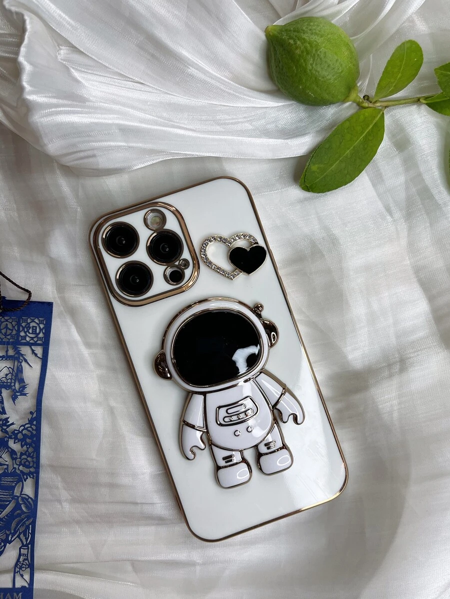 Heart Decor Phone Case With Astronaut Design Holder - White - View 1