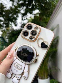 Heart Decor Phone Case With Astronaut Design Holder - White - View 3