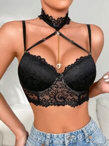 花網鑲鑽鋼圈文胸內衣 - 黑色 - 查看 4