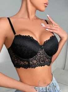 花網鑲鑽鋼圈文胸內衣 - 黑色 - 查看 5