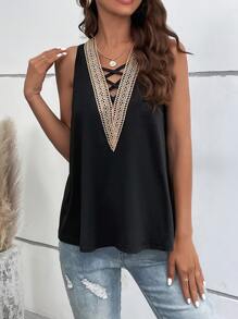 SHEIN LUNE 拼接水溶蕾絲十字交叉背心上衣 - 黑色 - 查看 5