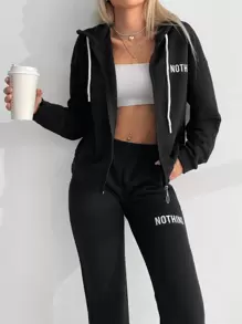 RueChic Letter Graphic Zip Up Drawstring Hoodie & Joggers - Black - View 3