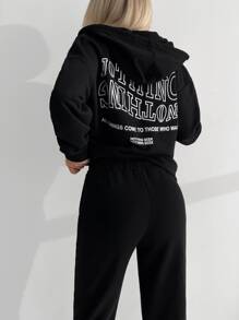 RueChic Letter Graphic Zip Up Drawstring Hoodie & Joggers - Black - View 2