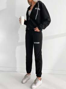 RueChic Letter Graphic Zip Up Drawstring Hoodie & Joggers - Black - View 4