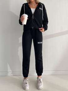 RueChic Letter Graphic Zip Up Drawstring Hoodie & Joggers - Black - View 1