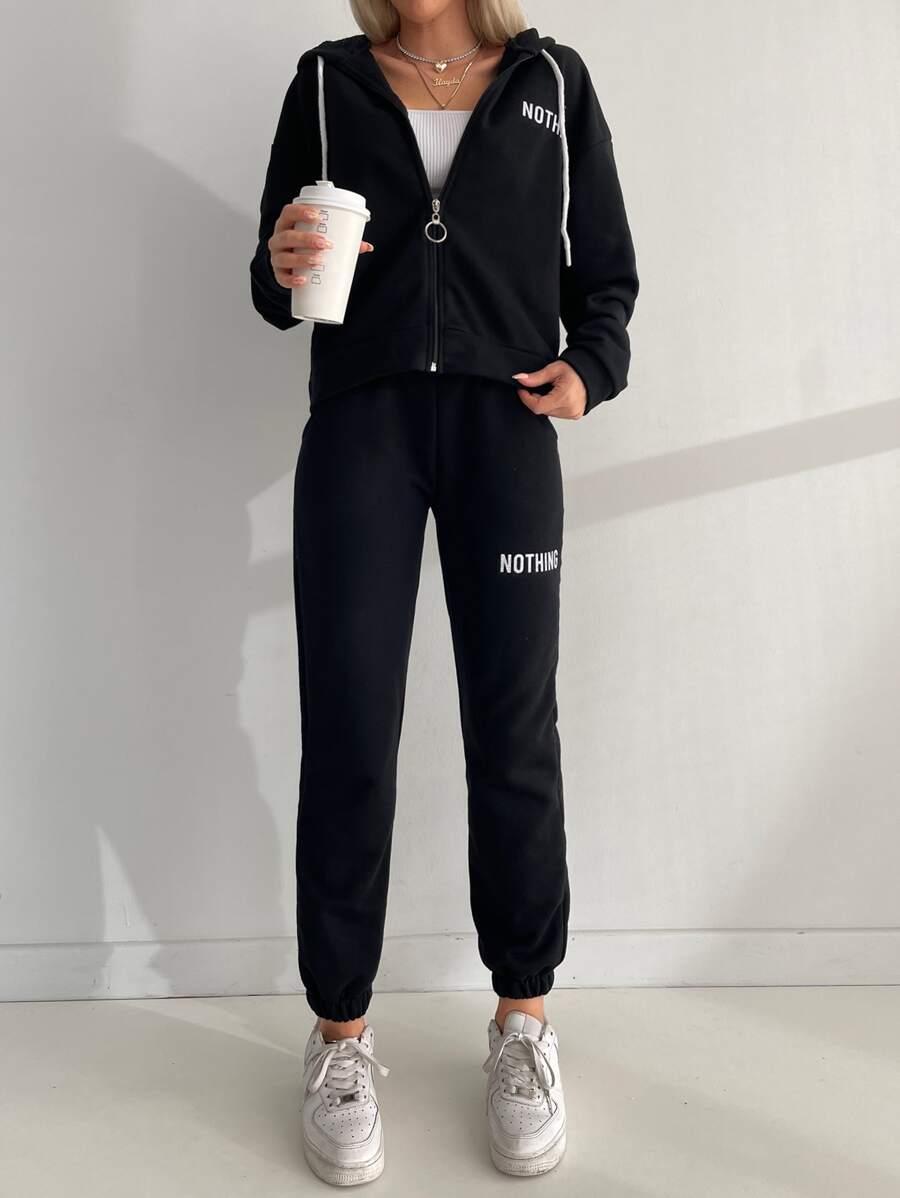 RueChic Letter Graphic Zip Up Drawstring Hoodie & Joggers - Black - View 1