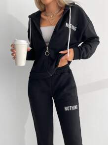 RueChic Letter Graphic Zip Up Drawstring Hoodie & Joggers - Black - View 5