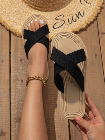 女士交叉帶織物優雅平底涼鞋黑色