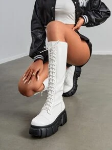 Stitch Detail Lace-up Front Wedge Boots - White - View 2