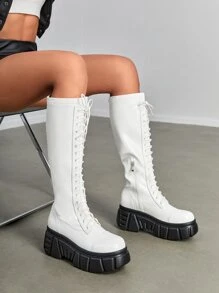 Stitch Detail Lace-up Front Wedge Boots - White - View 6