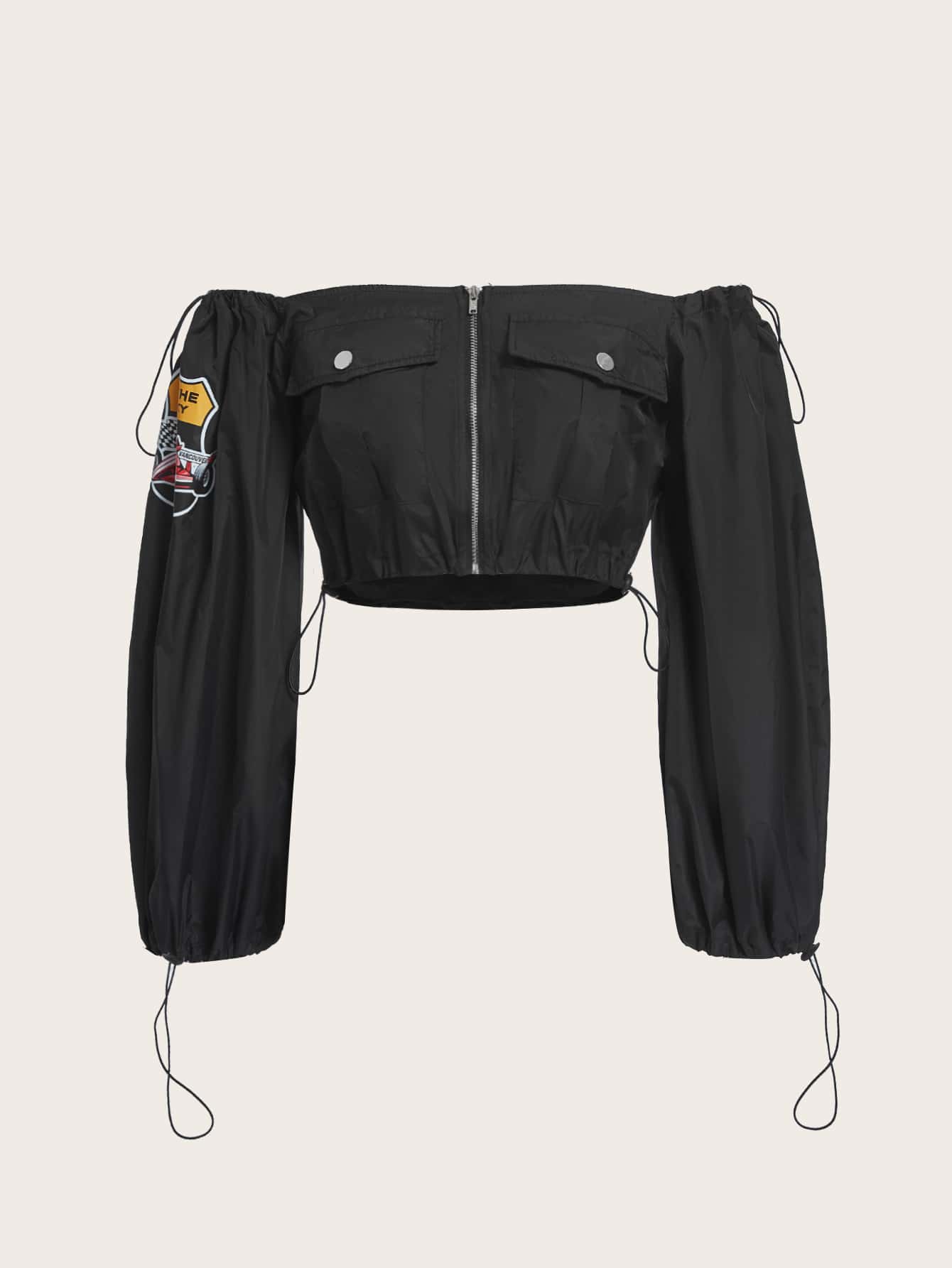 SHEIN ICON Bikercore Top Cây trồng Off Shoulder Chi tiết được vá Túi có nắp - màu đen - Xem 1