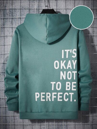 GENTILAND Guys Slogan Graphic Kangaroo Pocket Drawstring Hoodie