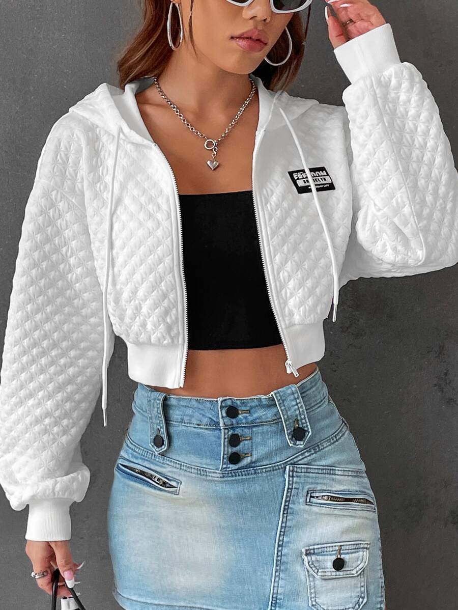 SHEIN EZwear Áo hoodie crop top hở vai có dây rút in chữ, áo dài tay cho mùa thu/đông - trắng - Xem 1