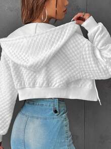 SHEIN EZwear Áo hoodie crop top hở vai có dây rút in chữ, áo dài tay cho mùa thu/đông - trắng - Xem 2
