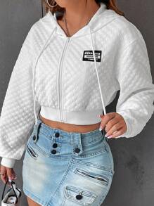 SHEIN EZwear Áo hoodie crop top hở vai có dây rút in chữ, áo dài tay cho mùa thu/đông - trắng - Xem 3