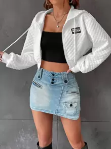 SHEIN EZwear Áo hoodie crop top hở vai có dây rút in chữ, áo dài tay cho mùa thu/đông - trắng - Xem 5