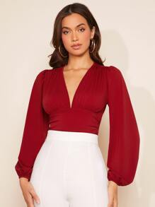 SHEIN Privé 深V領燈籠袖T恤 - 酒紅色 - 查看 1