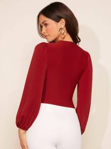 SHEIN Privé 深V領燈籠袖T恤 - 酒紅色 - 查看 2